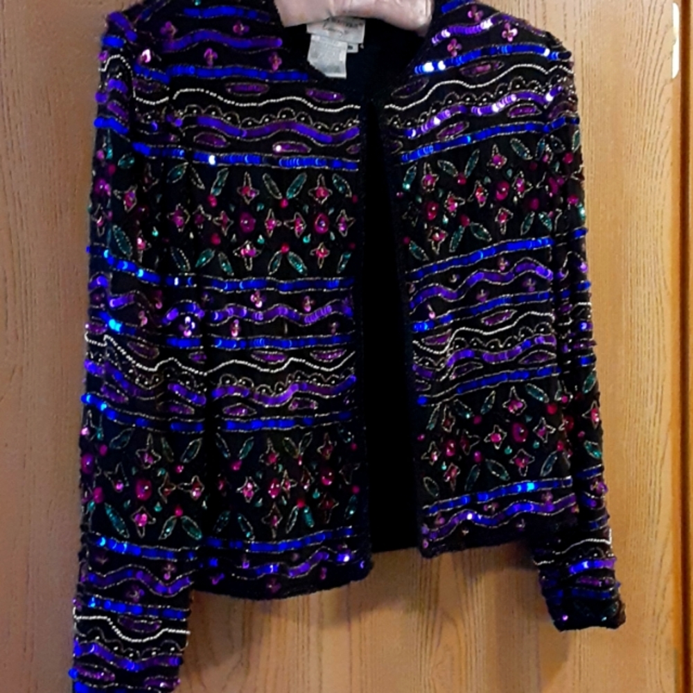 Ornamented evening/cocktail jacket.   Black lined with amazing color s.